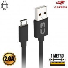 Cabo USB Micro USB V8 Emborrachado 2.0A 1m CB-M10BK C3 Tech Preto